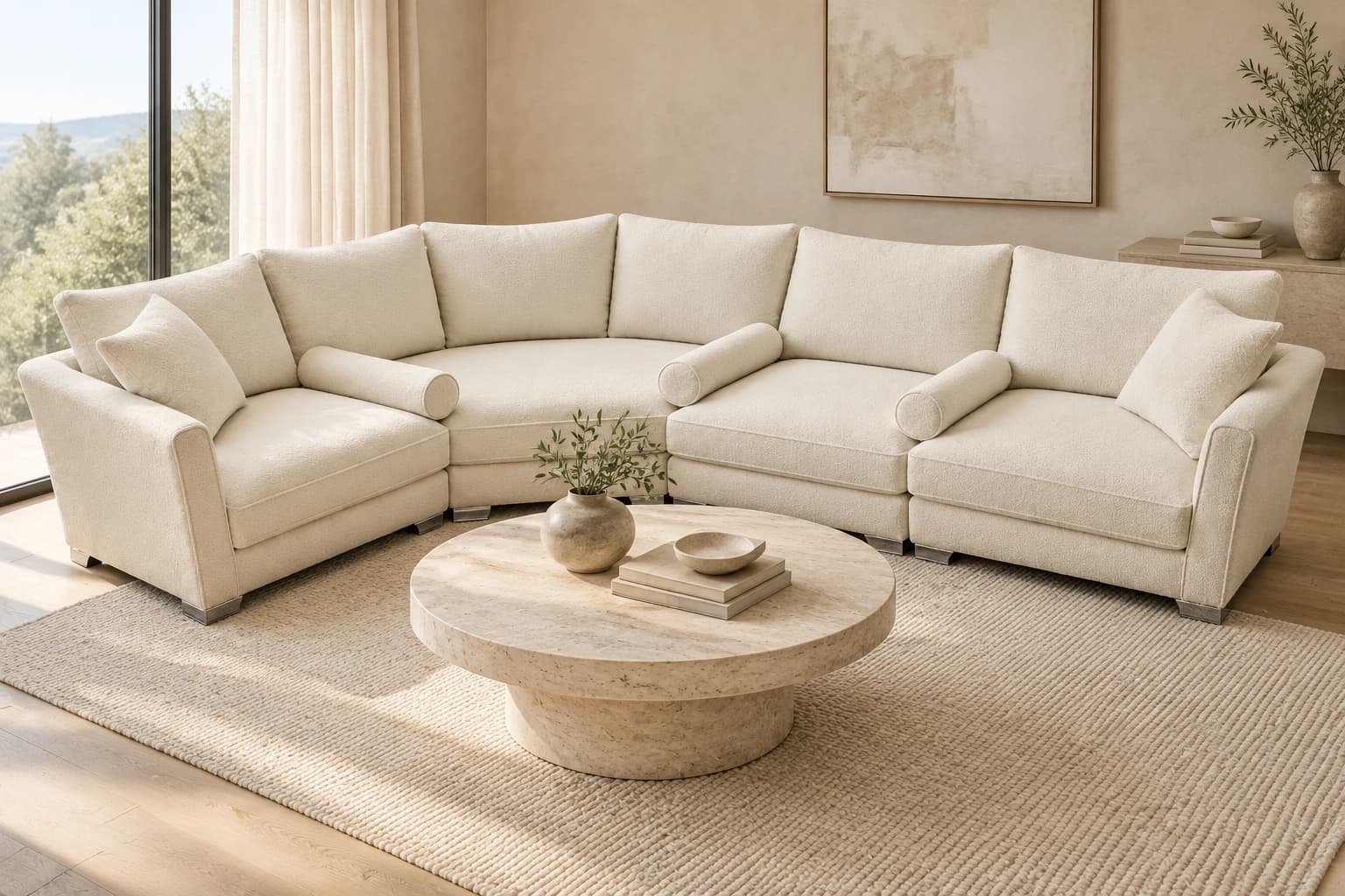 Угловой модульный диван Денеб с трапецией в светлой гостиной