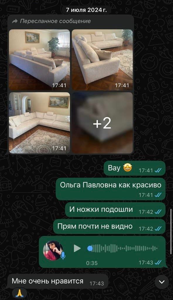 Пересланные фото большого углового дивана молочного цвета в классической комнате с паркетом и ковром